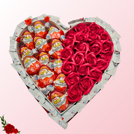 מארז "ורד" - מארז קינדר ענק בצורת לב עם פרחים | שוקולטי