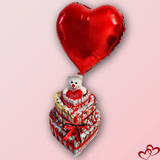 עוגת קינדרים "גאיה" - עוגה 3 קומות בצורת לב עם דובי ובלון | שוקולטי