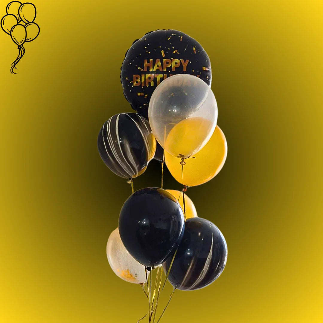 זר בלונים ליום הולדת לגבר - סט שחור זהב | שוקולטי