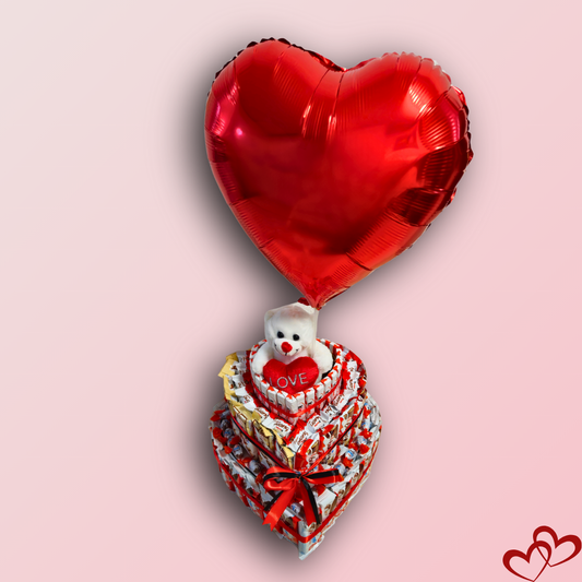 עוגת קינדרים "גאיה" - עוגה 3 קומות בצורת לב עם דובי ובלון | שוקולטי