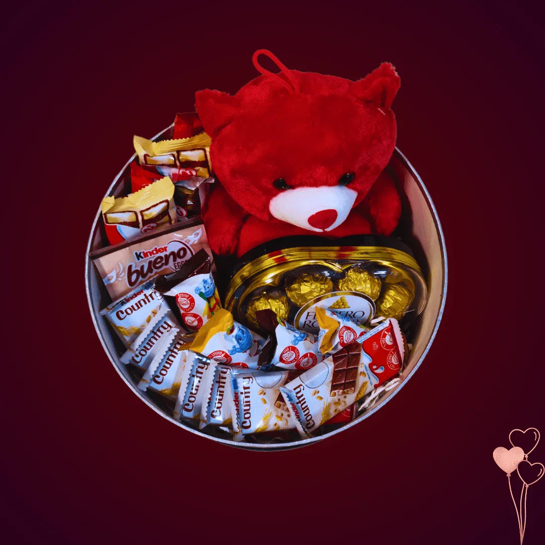 מארז "אופק" - מארז עגול עם כיתוב 'LOVE' ודובי | שוקולטי