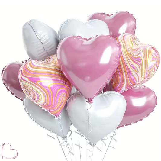 זר בלונים רומנטי לבבות ורוד לבן | שוקולטי
