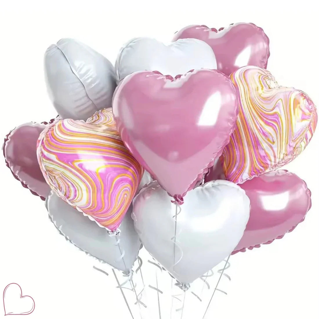 זר בלונים רומנטי לבבות ורוד לבן | שוקולטי