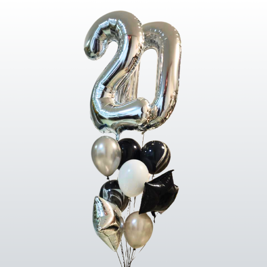 זר בלונים בצבעי כסף ושחור ליום הולדת | שוקולטי