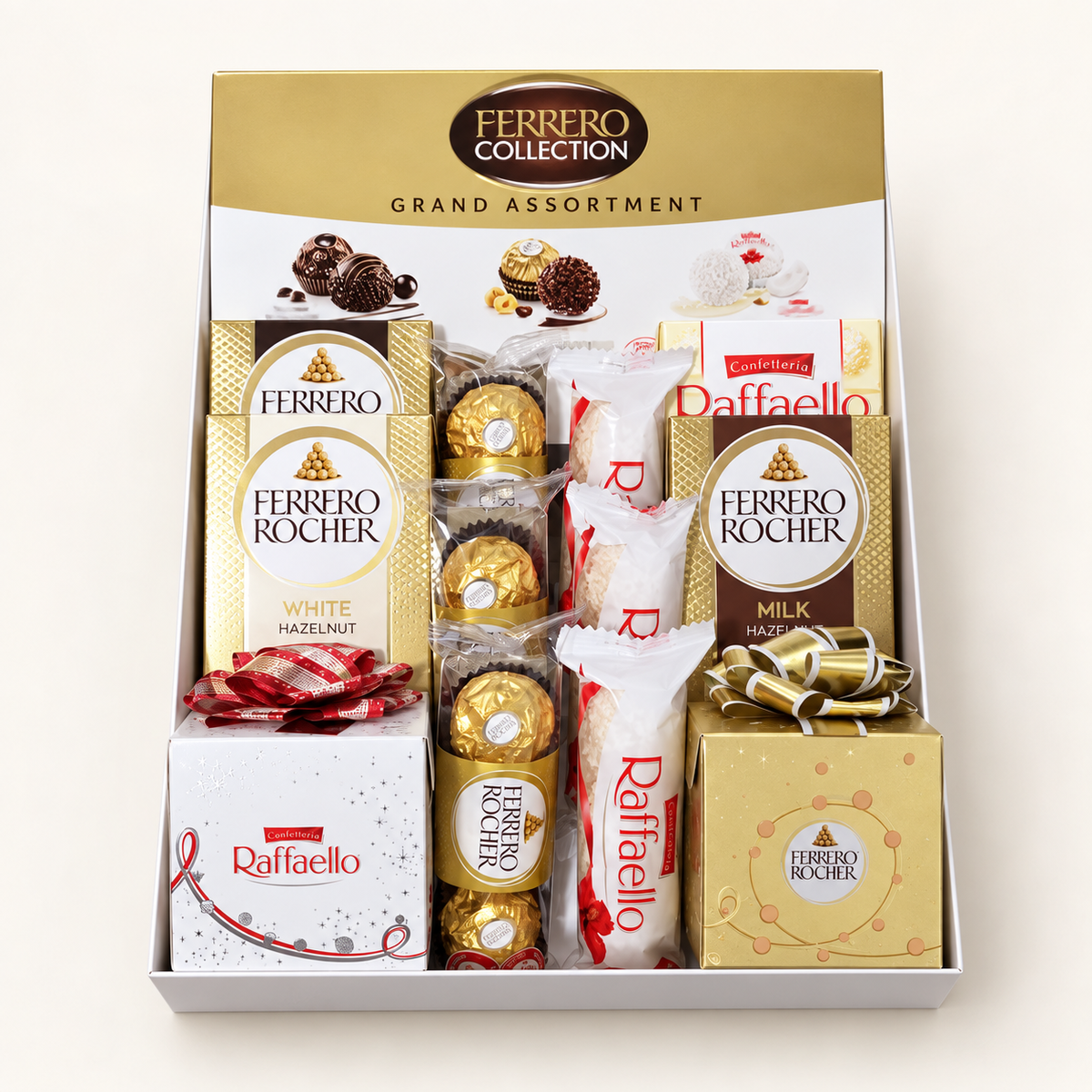 מארז שוקולד יוקרתי במגש לבן עם פררו רושה, Ferrero Collection ורפאלו